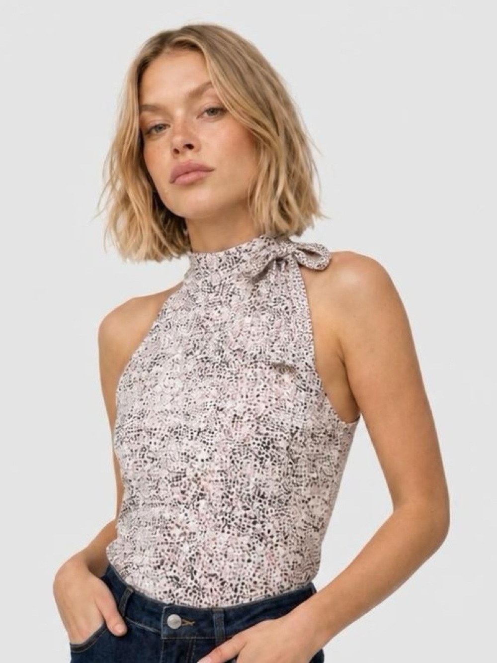 White House Black Market Pink, Black & Cream Halter Tie-Neck Tank